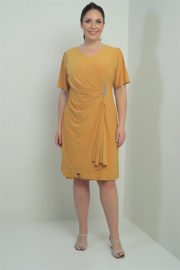 Robe femme à col en V froncée sur le devant avec détails en pierres, doublée, grandes tailles, Lycra