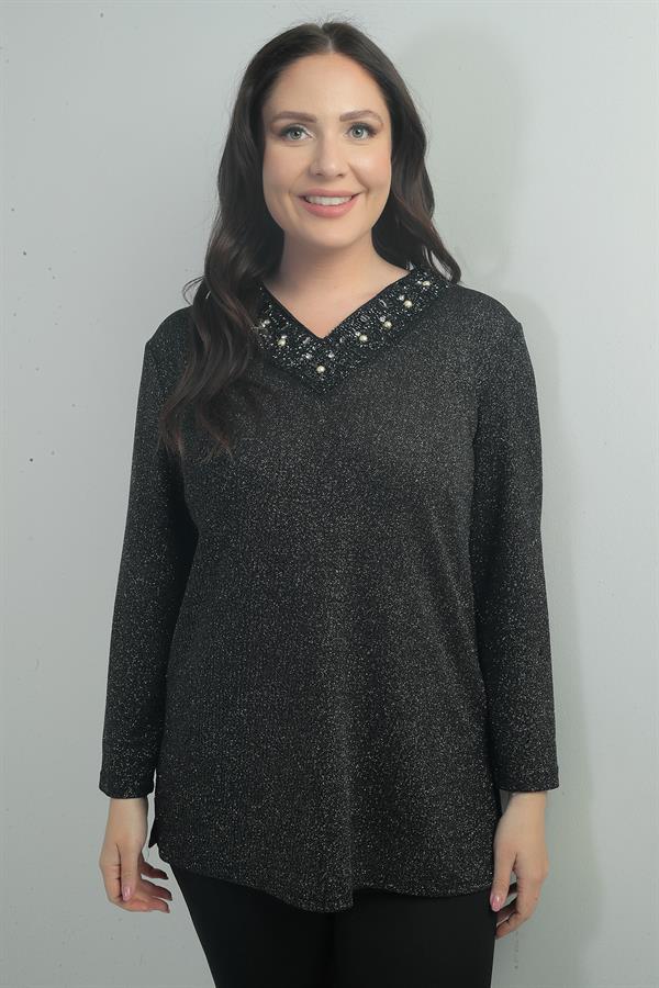 Women's Pearl-Embellished V-Neck Lycra Glittery Plus Size Blouse