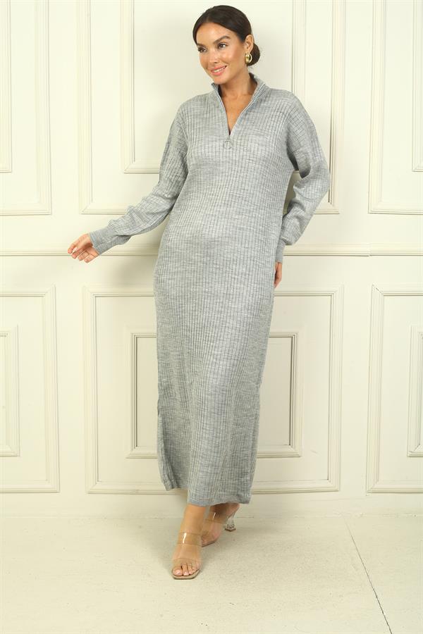 Round Neck, Zip-Up Long Sleeve Knitted Dress
