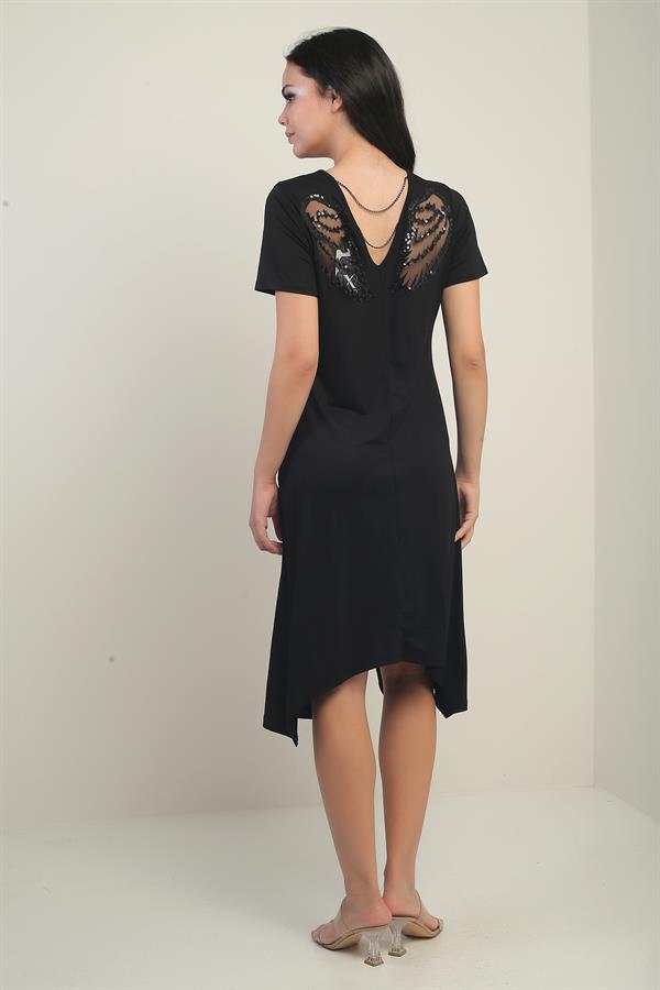 Women's V-Neck Asymmetrical Midi Dress with Angel Wing Chain Detail at the Back