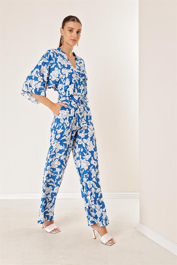 Beli Lastikli Cepli Palazzo Pantolon Ön Arka V Yaka Crop Desenli İkili Takım