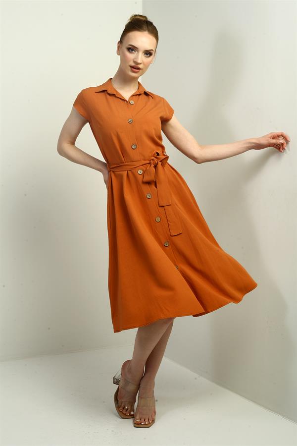 Women's Button-Front Belted Shirt Collar Short-Sleeve Dress