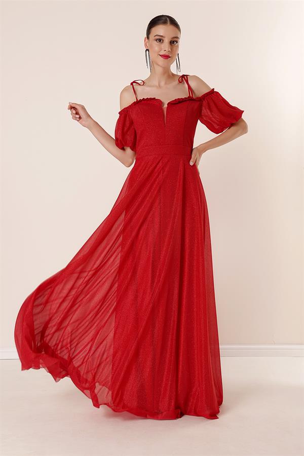 Long Dress with Pleated Neckline, Balloon Sleeves, Lined, and Glittery Embellishments.