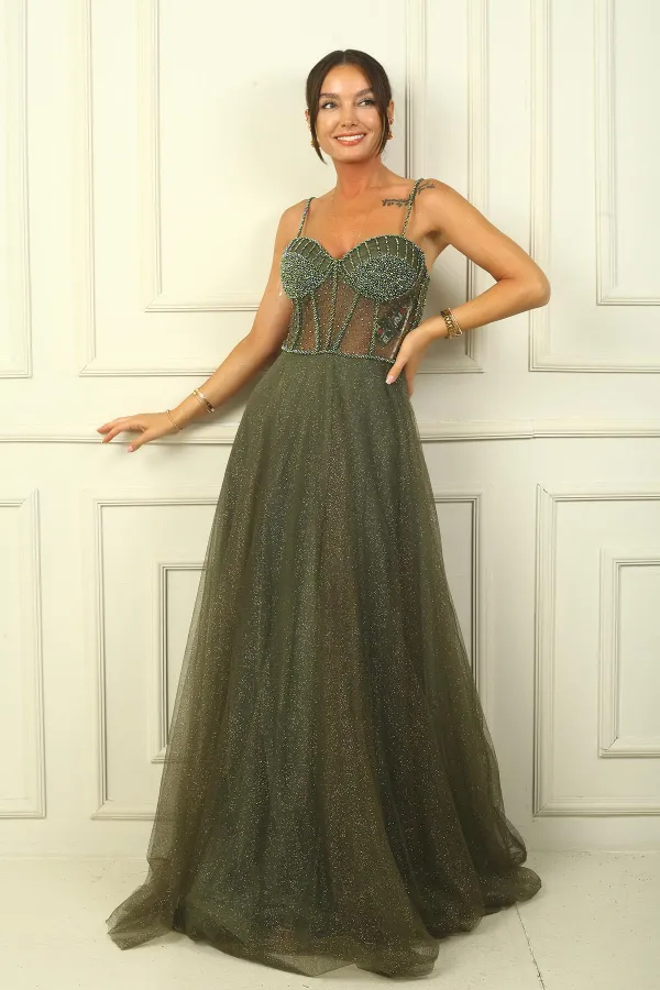 Strapless, Draped Front, Lined, Underwire, Laced Back, Long Glittery Dress