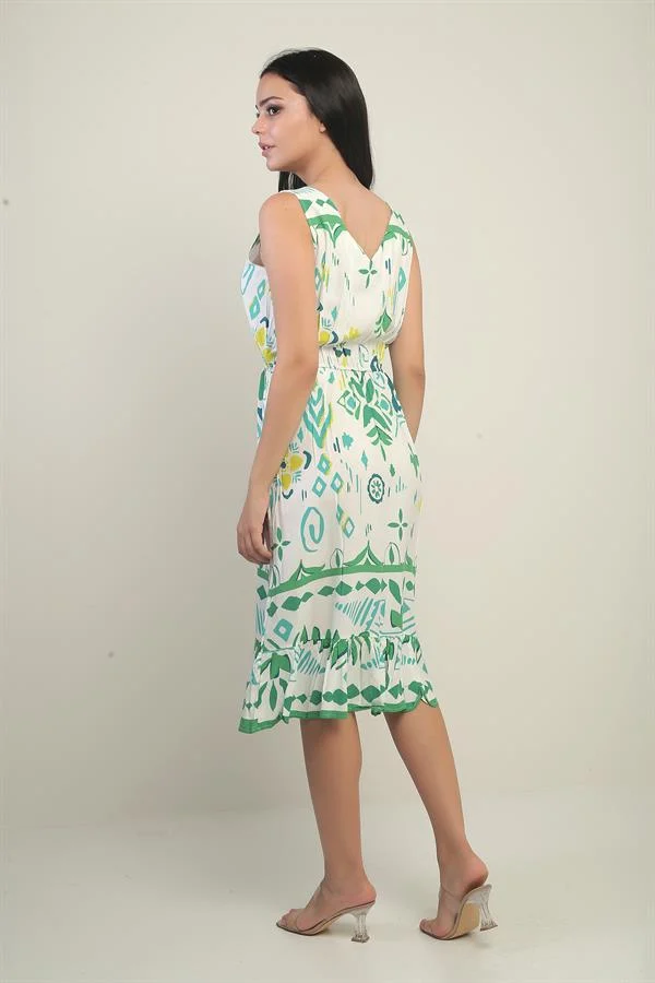 Women's Front Back V Neck Elastic Waist Pocket Mixed Geometric Pattern Ruffle Dress