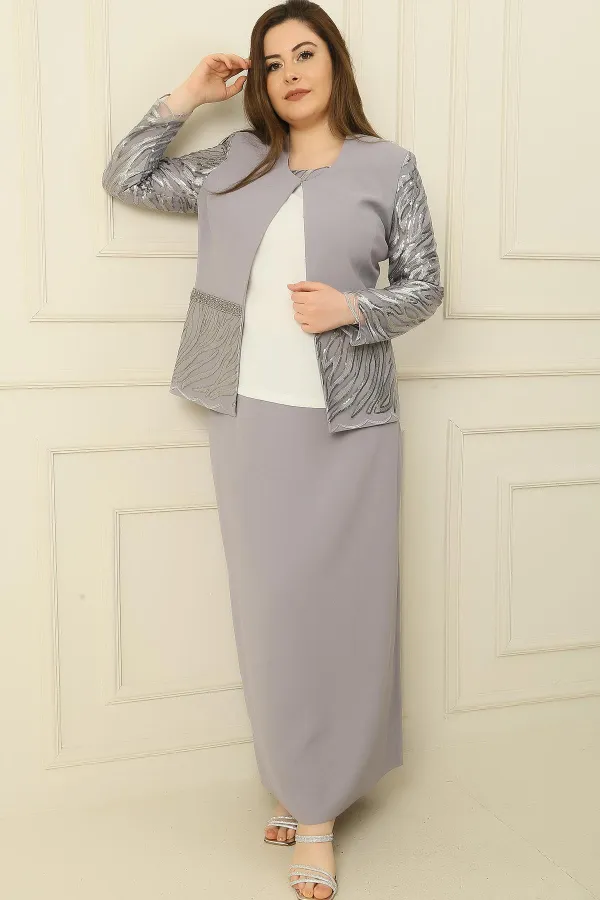 İçi Yarım Ay Kol Bluz Pul NakışişlemeBoncuk Detaylı Ceket Etek Astarlı Büyük Beden 3'lü Takım