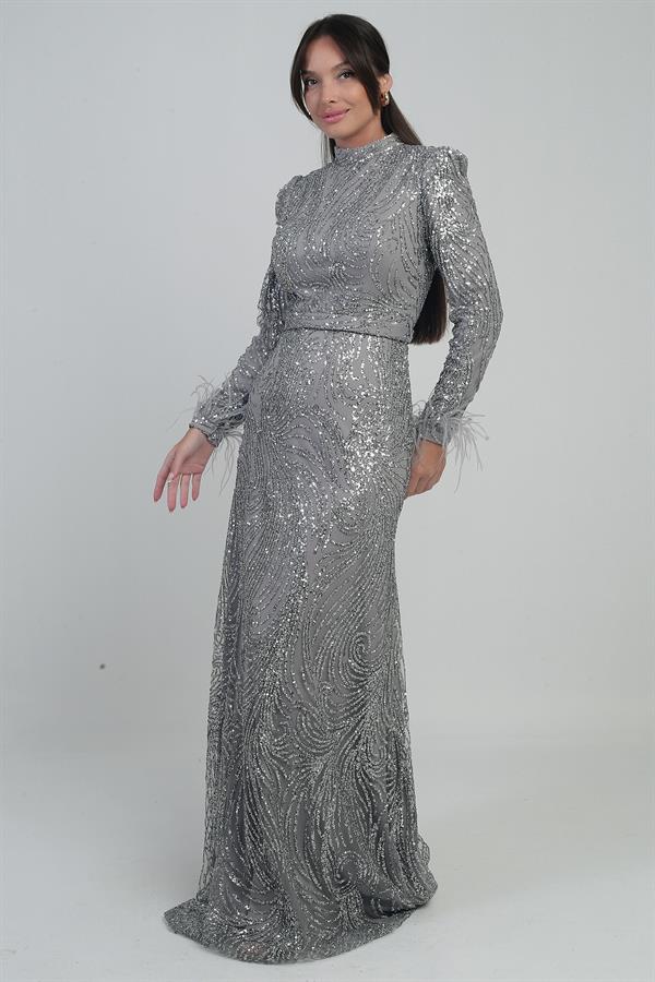 Robe longue en tulle pour femme avec manches à plumes, perles et sequins, et doublure