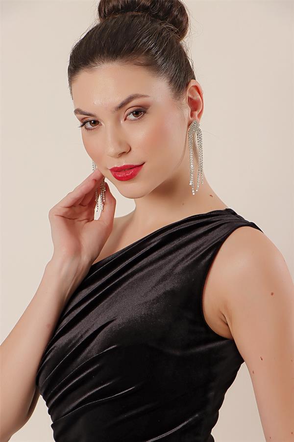 Tek Omuz Önü Büzgülü Kadife Elbise