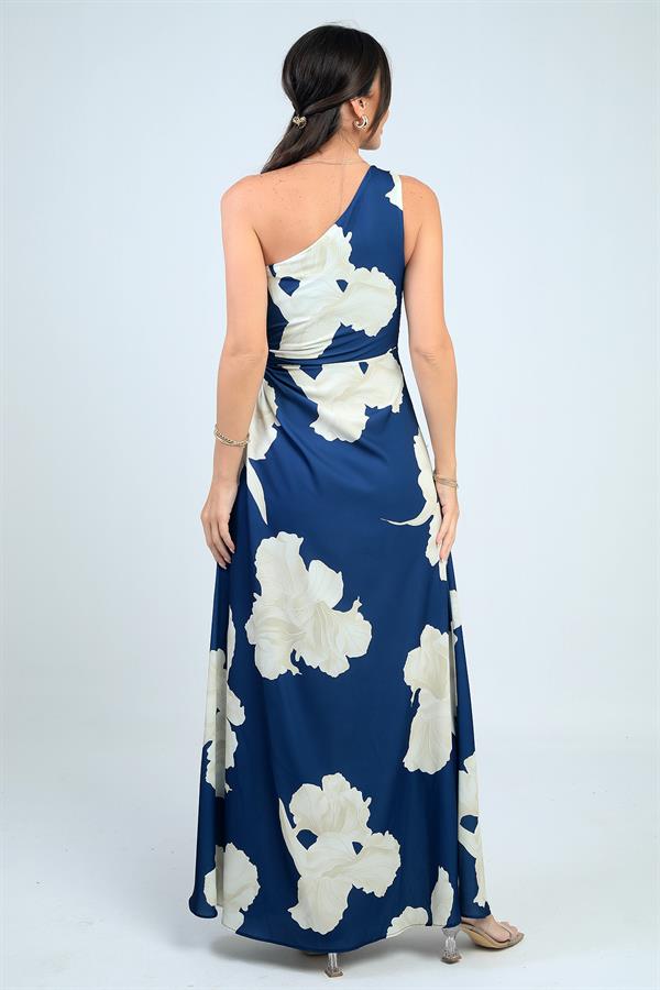 Women's One-Shoulder Side-Cut Out Large Leaf Pattern Long Crepe Satin Dress