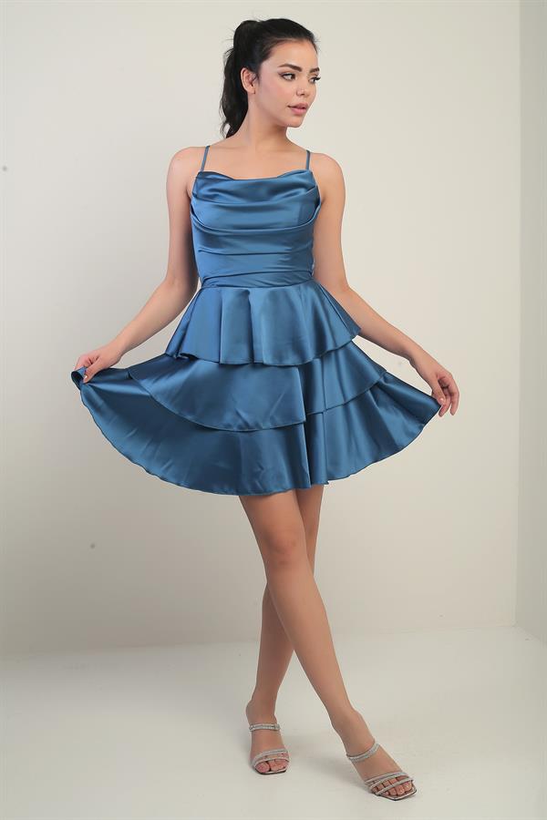Women's Strappy, Back-Tie Short Dress Made of Layered Satin