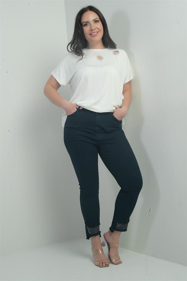 Pantalon en toile grande taille pour femme, coupe slim, orné de pierres et de pompons, en tissu Lycra