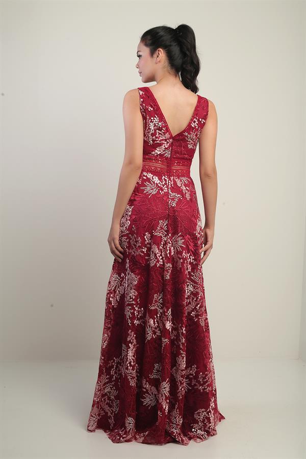 Women's V-Neck, Thick Strap, Waist-Decollete, Embroidered Long Flared Dress