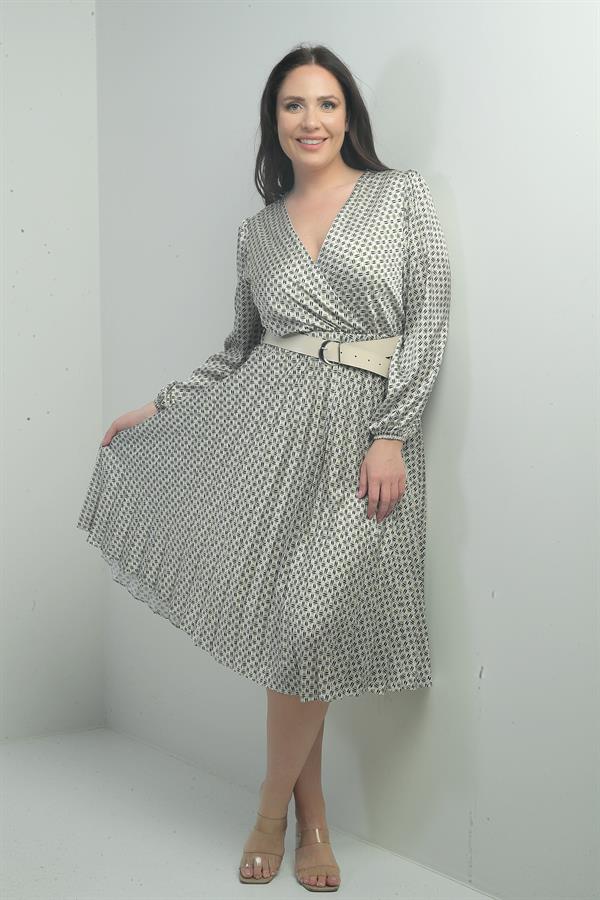 Women's Wrap Neckline Belted Lined Patterned Pleated Midi Satin BB Dress