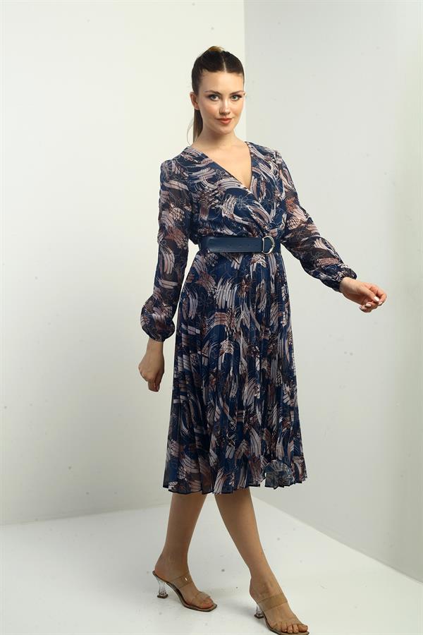 Women's Wrap Neckline Belted Lined Pleated Patterned Midi Chiffon Dress