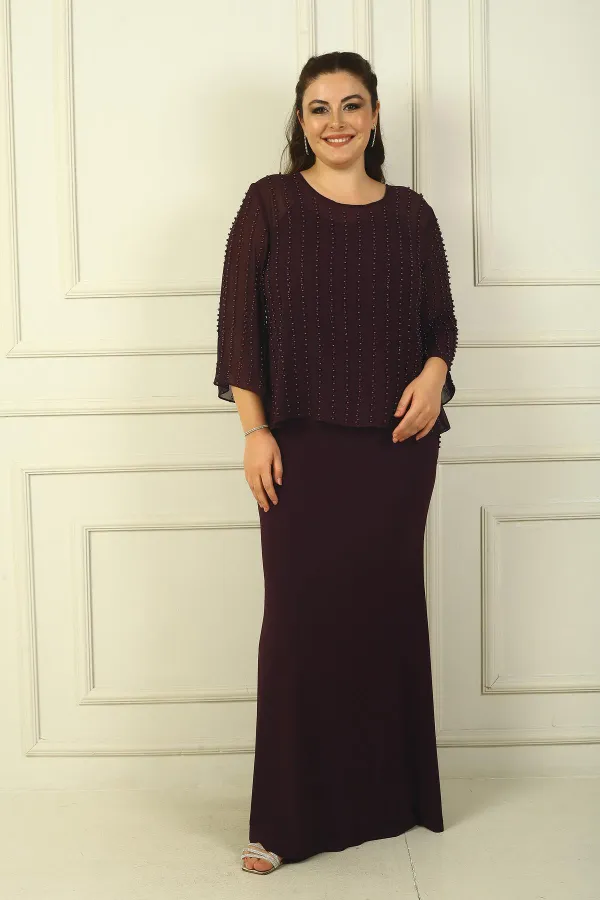 Robe longue couleur sable avec doublure à bretelles et chemisier en mousseline perlée boutonné au dos, ensemble 2 pièces grande taille
