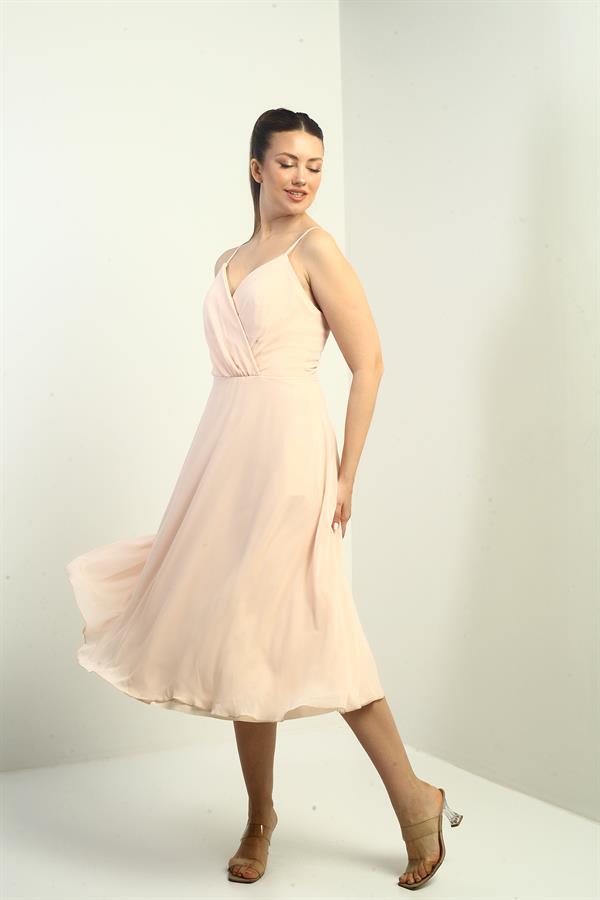 Women's Strappy Wrap Neckline Lined Lace-Up Back Flared Chiffon Dress