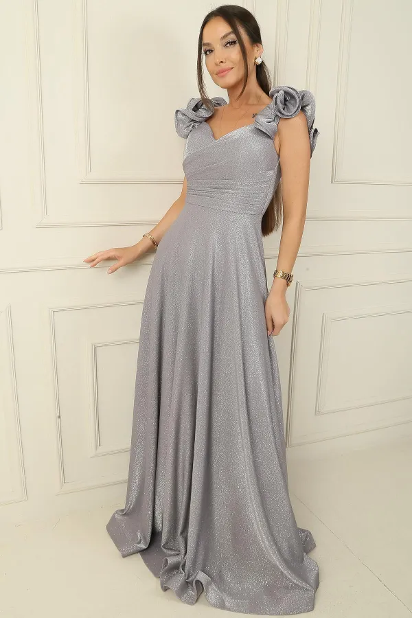 Robe longue drapée à manches volantées et doublure scintillante