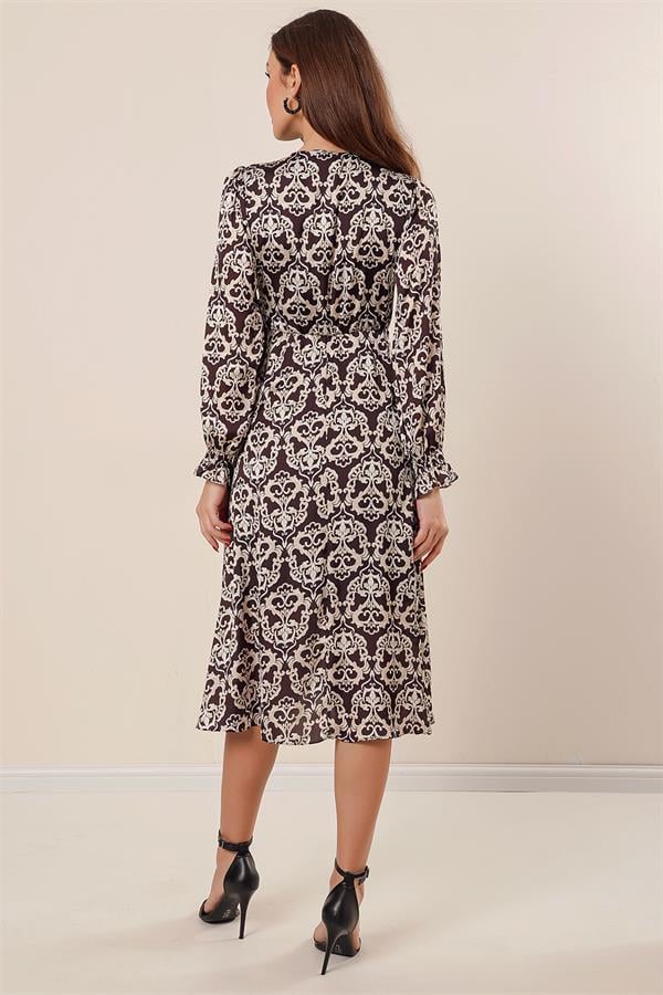 Wrap Neckline Pleated Dress with Drawstring Waist, Lined, Patterned Satin Dress