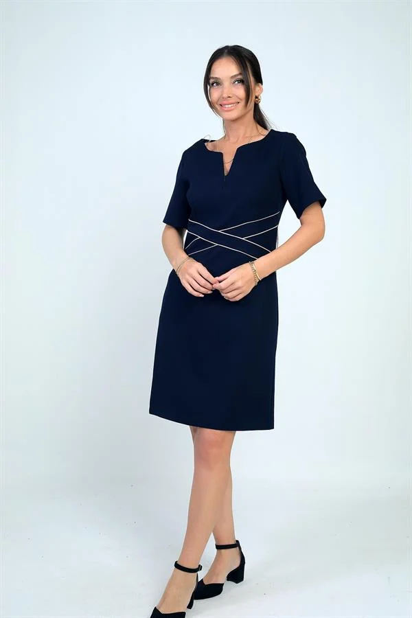 Kadın Kendinden Telalı Biyeli Önü Fermuar Detaylı Kısa Elbise