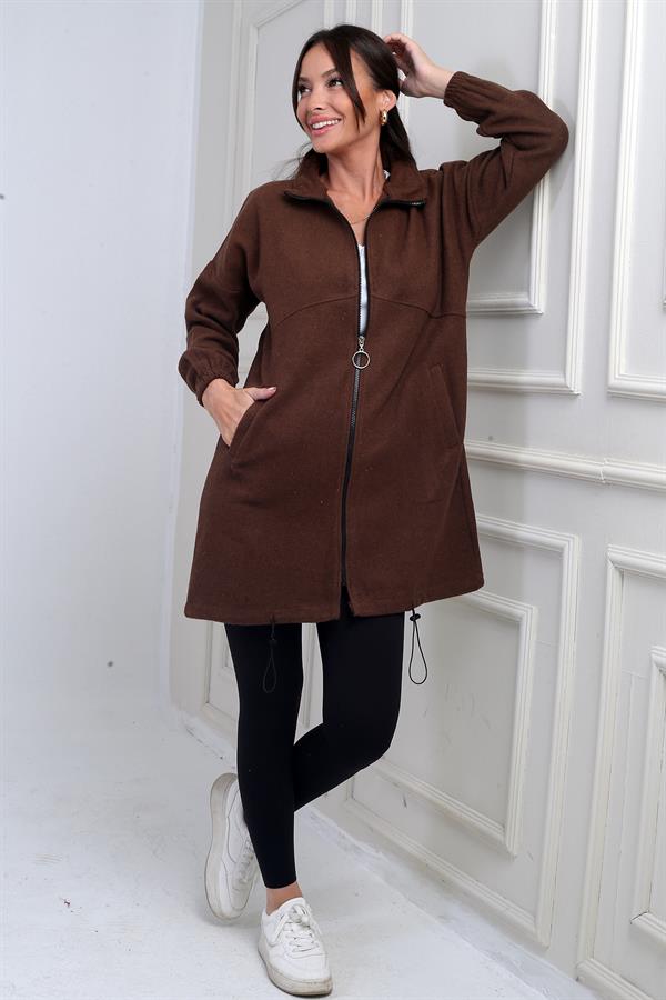 Manteau long en cachemire pour femme avec fermeture éclair sur le devant et poches élastiquées