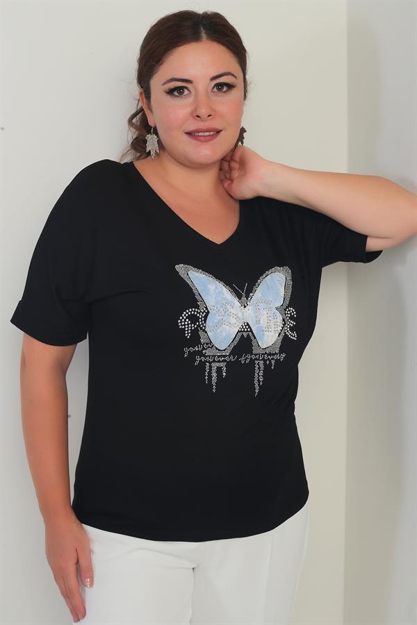 Chemisier en lycra à col en V et manches courtes chauve-souris pour femme, motif papillon détaillé en pierre, grande taille