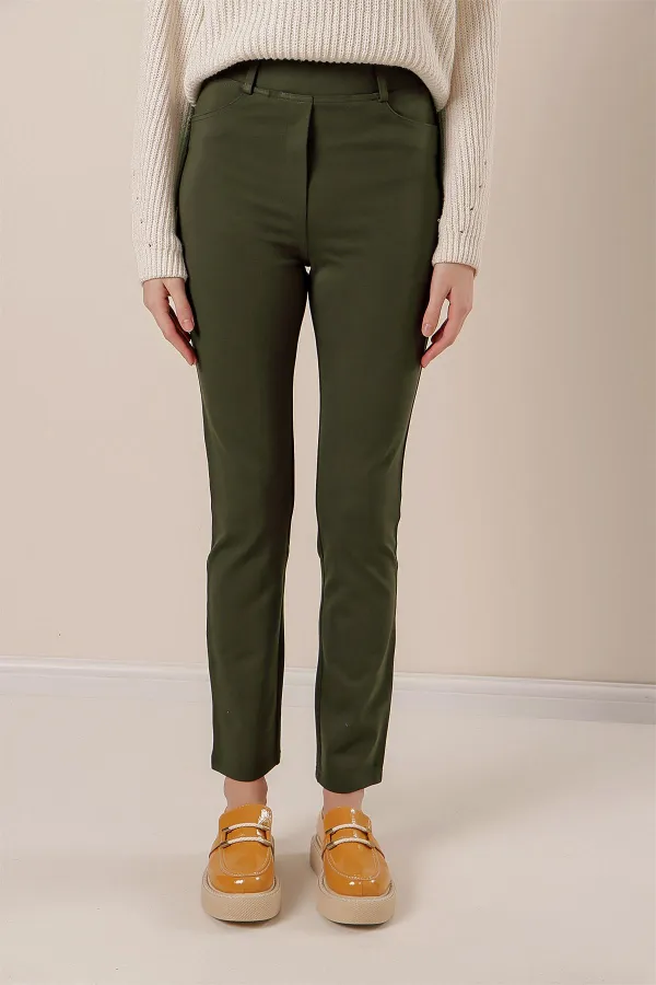 En Boy Likralı Önü Sahte Cepli Pantolon