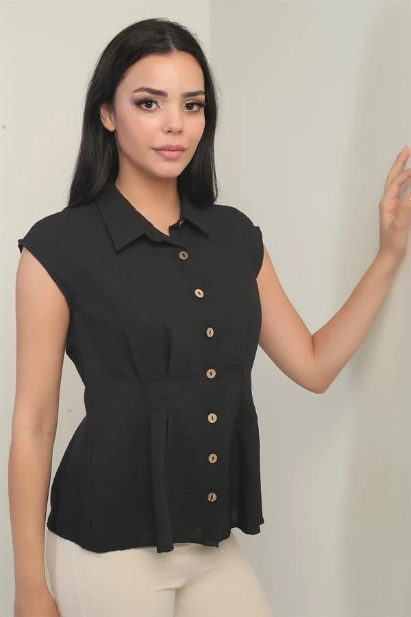 Kadın Beli Pileli Kolsuz Gömlek