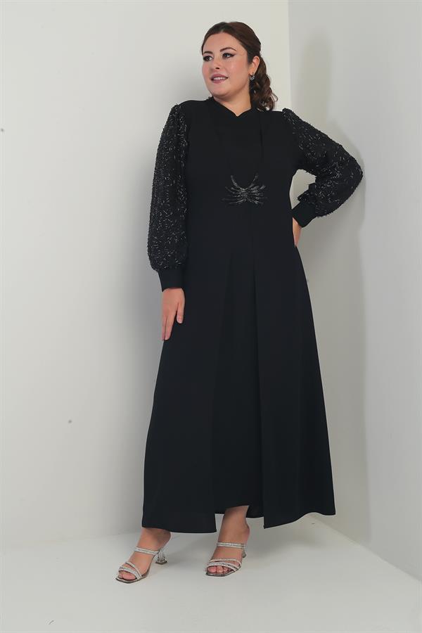 Kadın Kolu Ve Önü Pullu Büyük Beden Uzun Tesettür Elbise