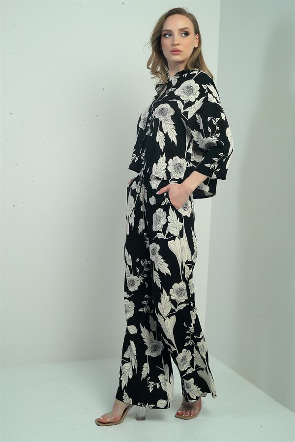 Women's Floral Print Long-Sleeve Shirt Two-Piece Set with Elastic Waist and Drawstring