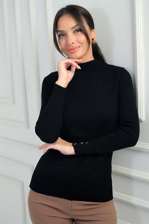 Pull à col roulé pour femme, manches côtelées, boutons décoratifs