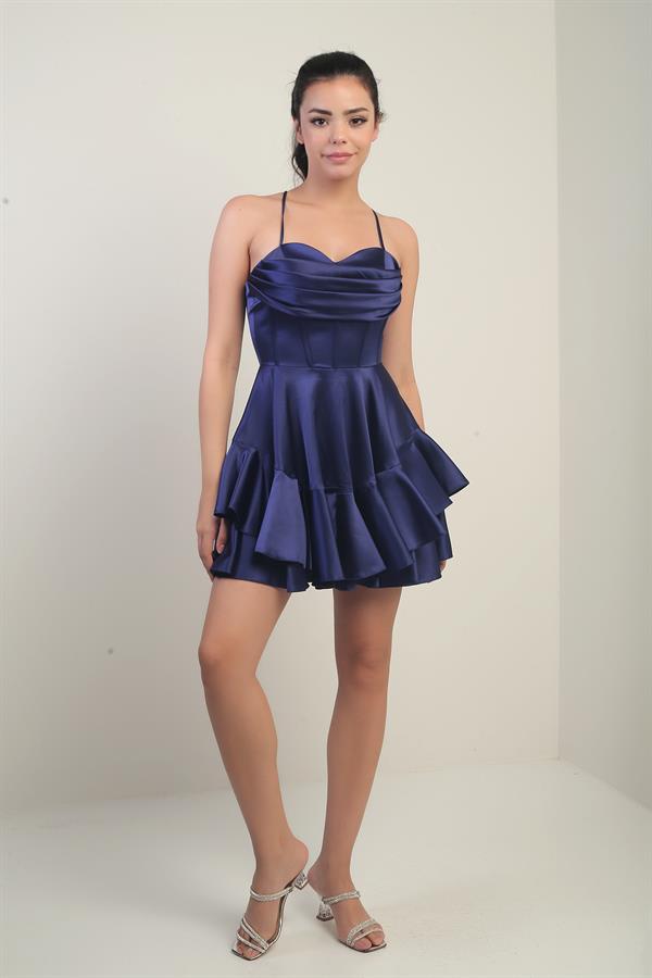 Kadın İp Askılı Arkadan Bağlamalı Balenli Eteği Katlı Astarlı Saten Kısa Elbise