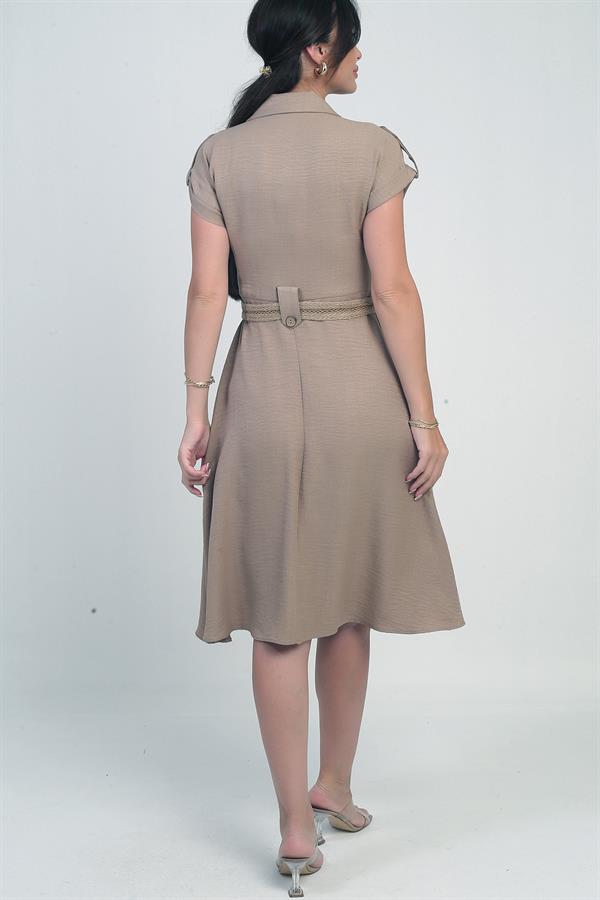 Women's Collared, Off-Shoulder, Double-Pocket, Belted Linen-Effect Dress