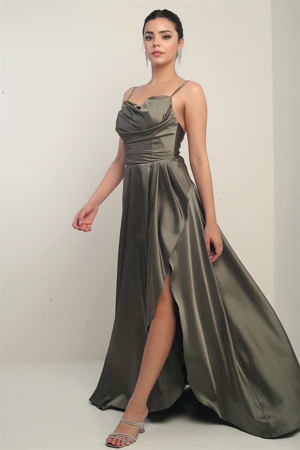 Women's Strappy, Back Lace-Up, Lined, Ruffled Long Satin Dress