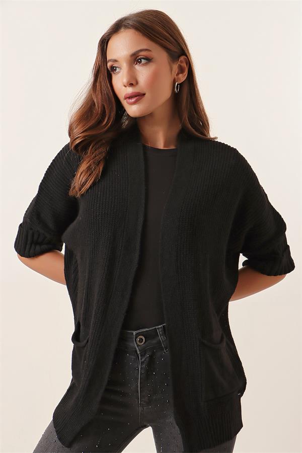 Yarım Yarasa Kol Cepli Triko Panço Hırka