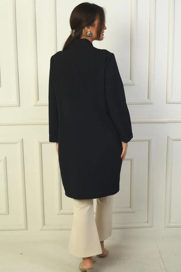 Shawl Collar Fake Pocket Lycra Max Long Jacket