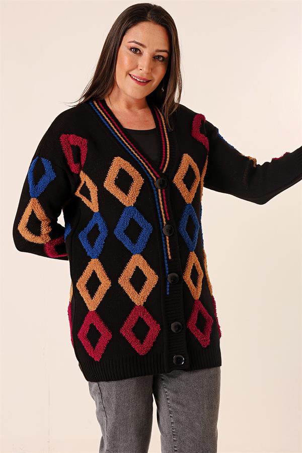 Oversize Havlu Baklava Desen Uzun Triko Hırka