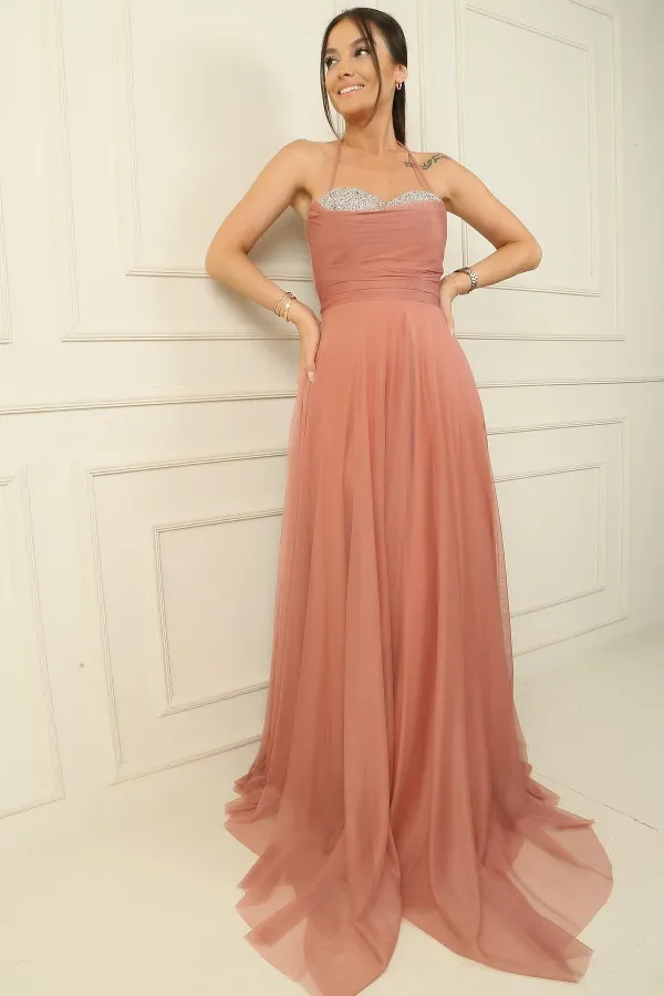 Önü Drapeli Taş Detaylı Astarlı Uzun Tül Abiye Elbise