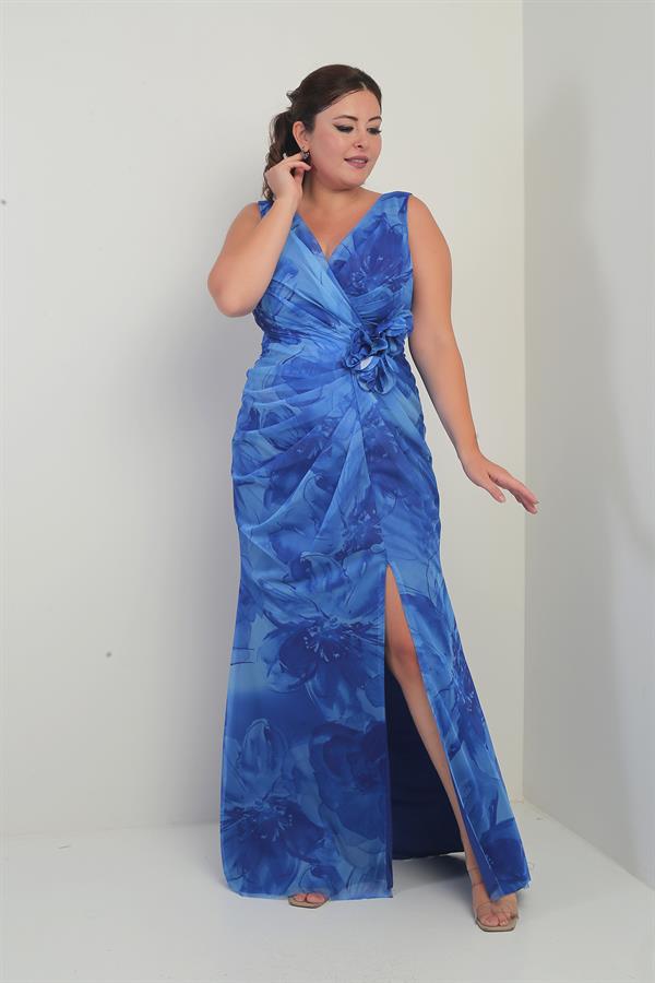 Women's Front and Back V-Neck Lined Draped Front 3D Floral Pattern Plus Size Tulle Long Dress