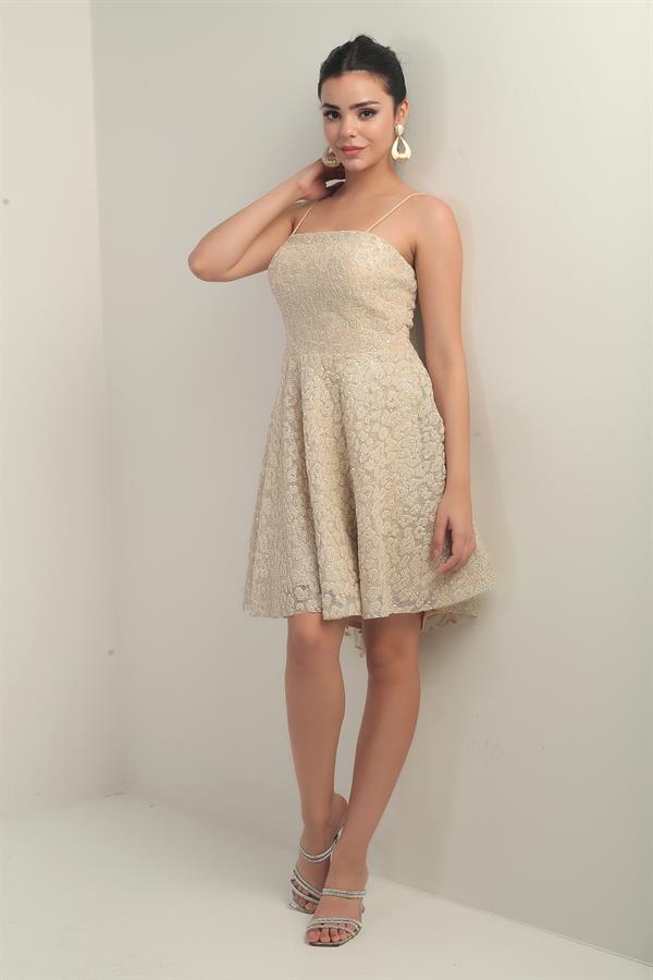 Women's Strappy Lined Short Flared Dress with Glitter Flock Print