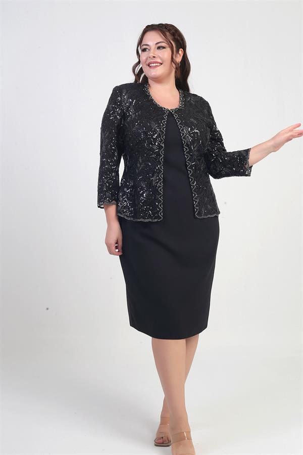 Women's Sequin Embellished Beaded Tulle Jacket, Half-Moon Sleeve Short Dress, Lined Crepe, Plus Size 2-Piece Set