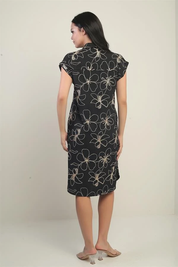 Robe-chemise à manches courtes pour femme, à cordon, avec poches et fentes latérales