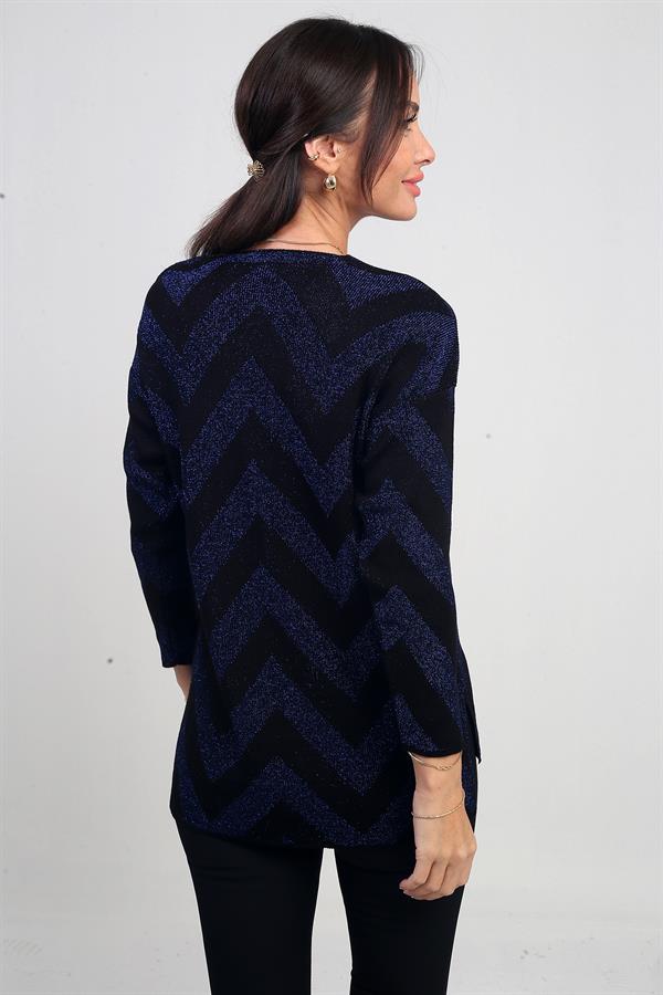 Kadın V Yaka Zikzak Desenli Geniş Beden Aralıklı Simli Bluz