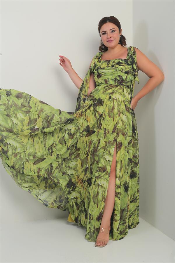 Robe longue en crêpe mousseline à motif de feuilles, grande taille, col en V, épaules dénudées, bretelles nouées, doublée