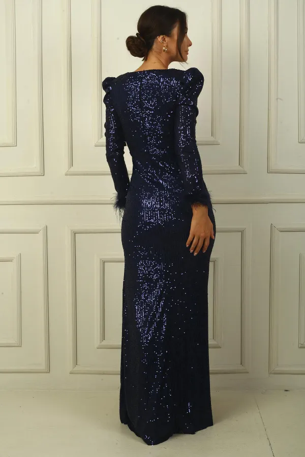 Double-breasted Collar, Draped Front, Lined, Feathered Sleeves, Sequined Long Dress