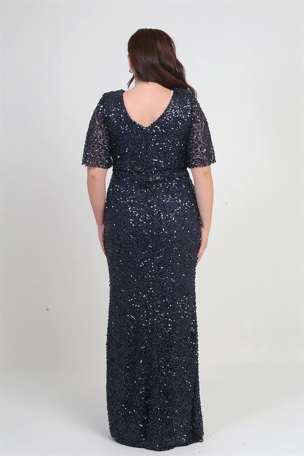 Kadın Degaje Yaka Kısa Kollu Astarlı Pullu Büyük Beden Likralı Elbise