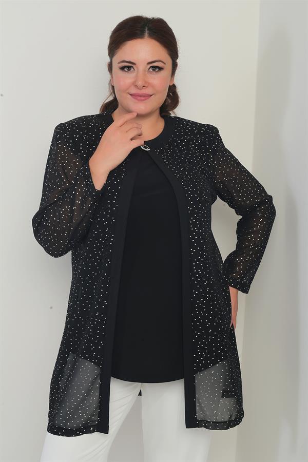 Ensemble deux pièces grande taille : chemisier à manches longues en lycra pour femme et veste en mousseline à pois dorés.