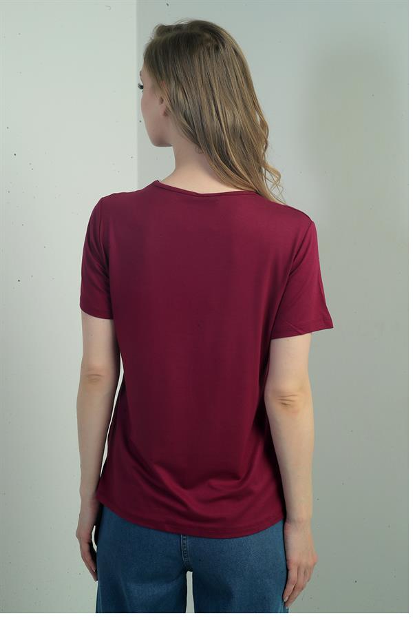 Kadın V Yaka Yırtmaçlı Kısa Kol Bluz