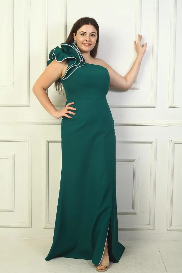 One-Shoulder Lined Crepe Mermaid Dress with Sparkling Stone Details