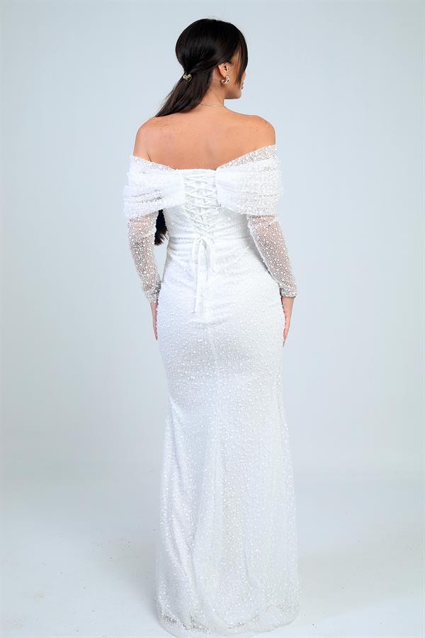 Kadın Uzun Kollu PulPayet Göğüs Drapeli Astarlı Tasarım Elbise