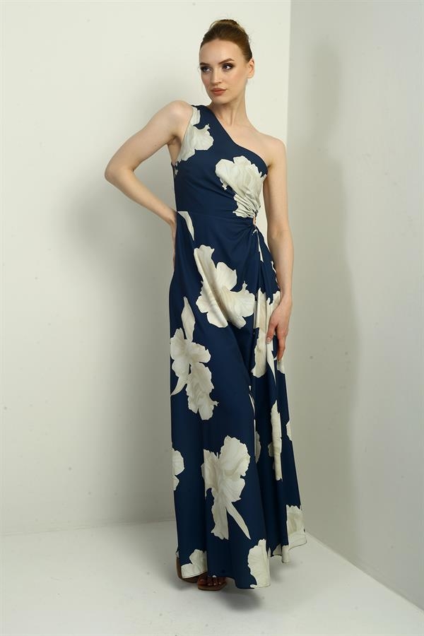 Women's One Shoulder Side Window Large Leaf Patterned Long Crepe Satin Dress